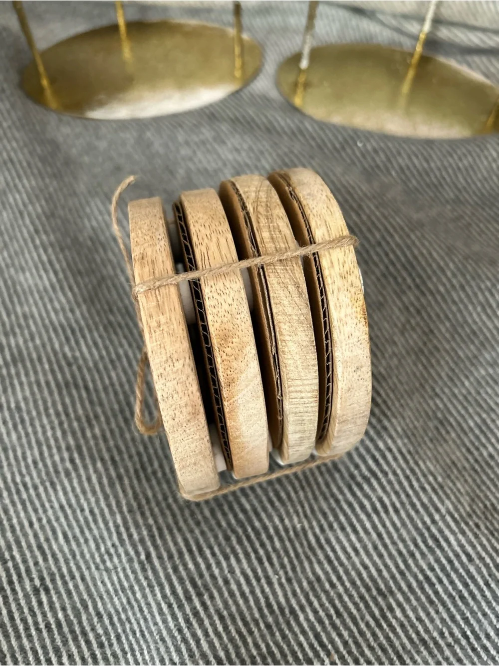 Set of 4 Marble and Wood Coaster Set w/Brass Inlay by Crate & Barrel *NEW
